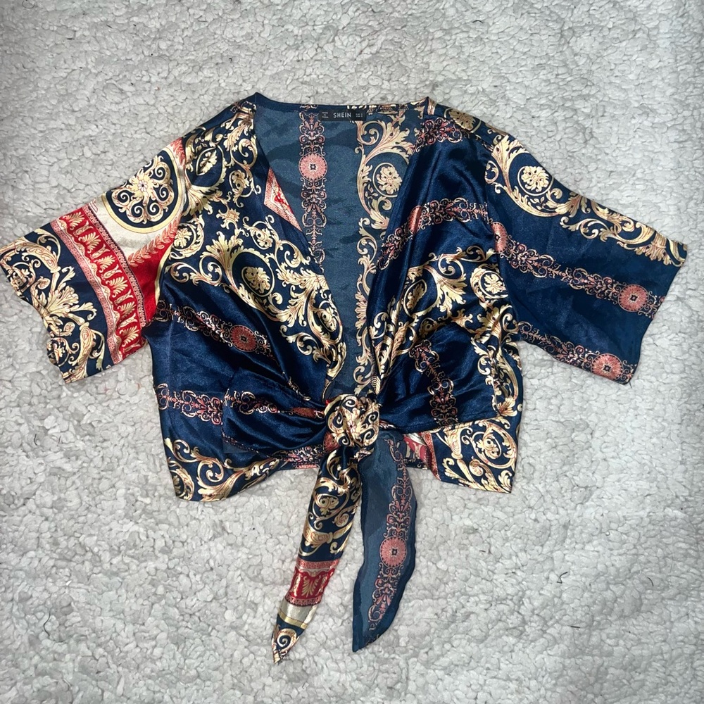 Satin Scarf Print Tie Crop Top